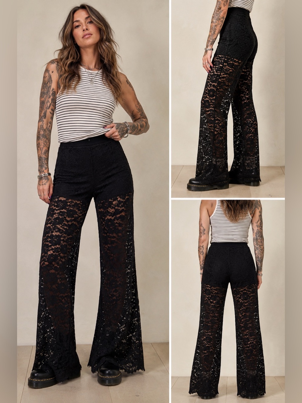 Smitten Black Lace Wide Leg Overlay Pants Boho Goth Festival Grunge Size M